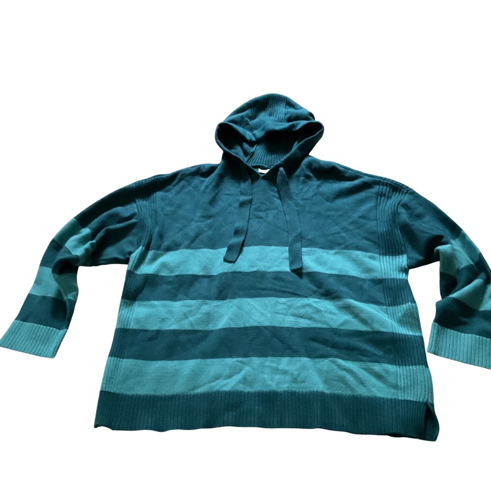 Cj Banks Teal Striped Knit Hoodie Sweater Womens 1X Long Sleeve Pullover